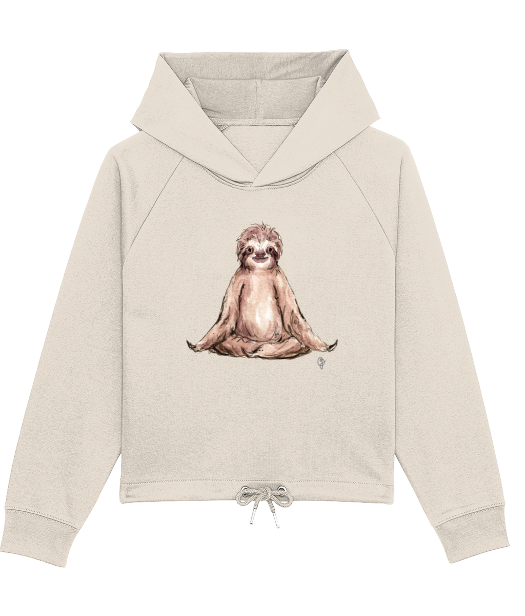 a cream hoodie featuring a beautiful watercolour illustration of a yoga sloth