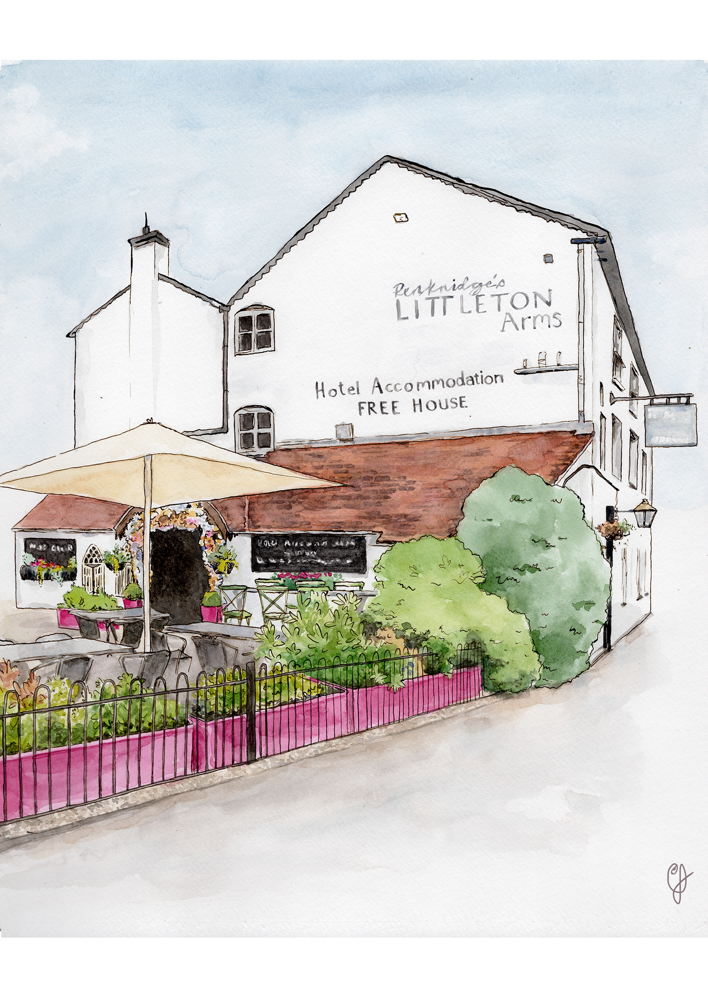 A ink and watercolour illustration of a pub