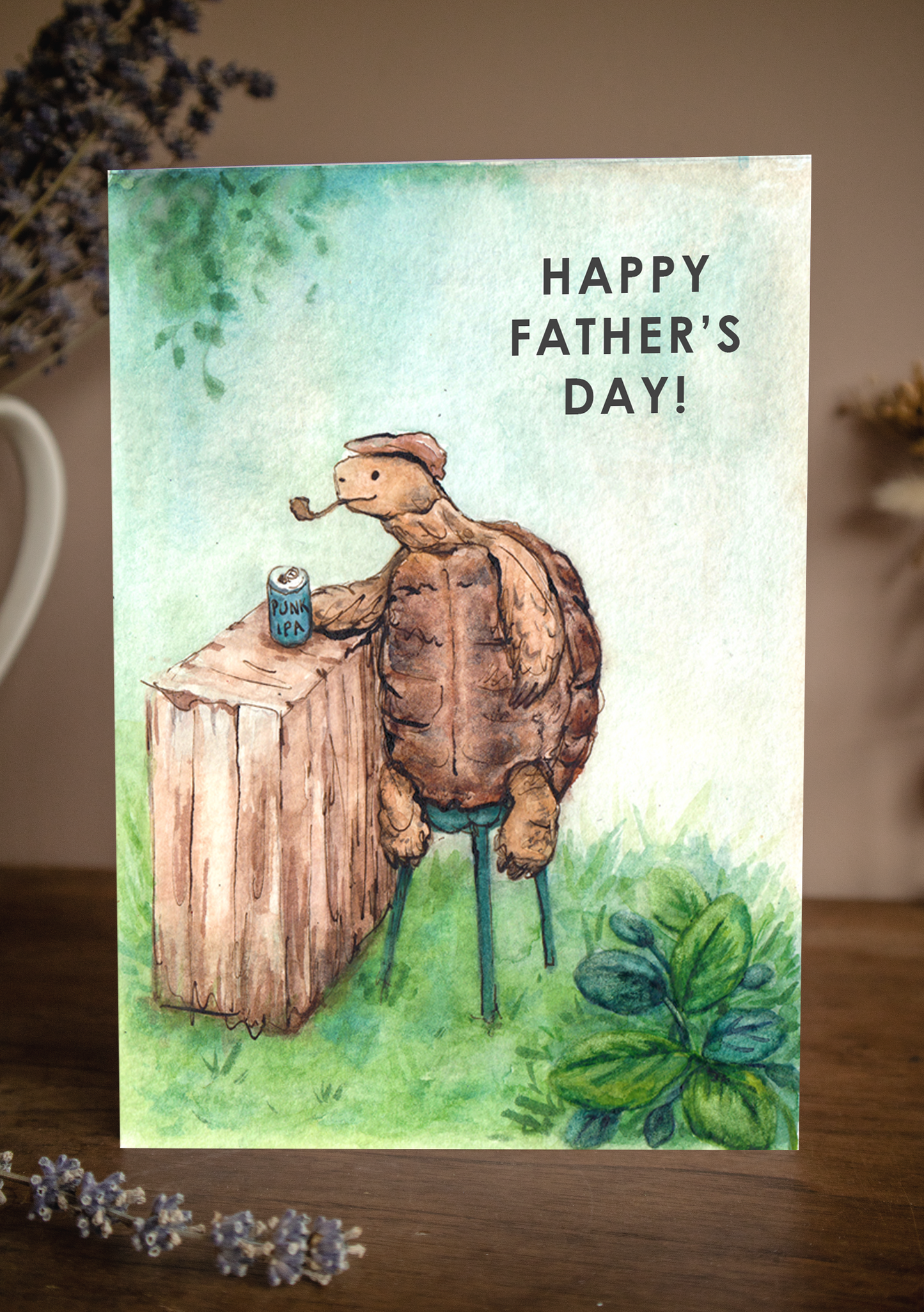 photo of a watercolour tortoise card for father's day