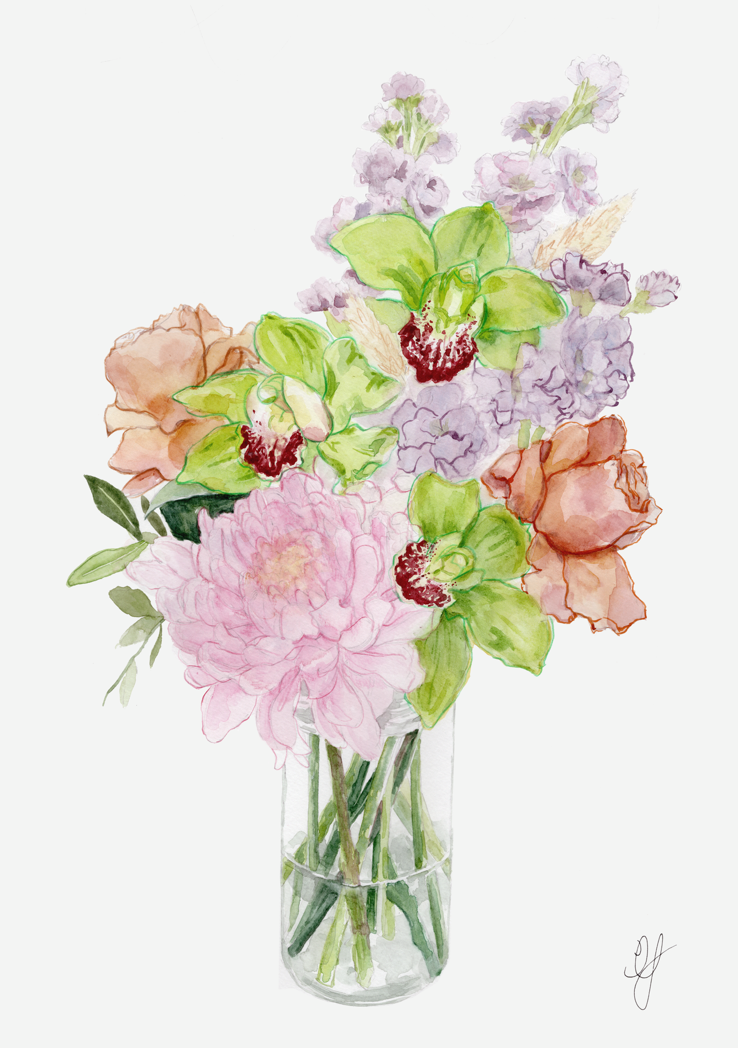 a watercolour painting of orchids and roses flower arrangement