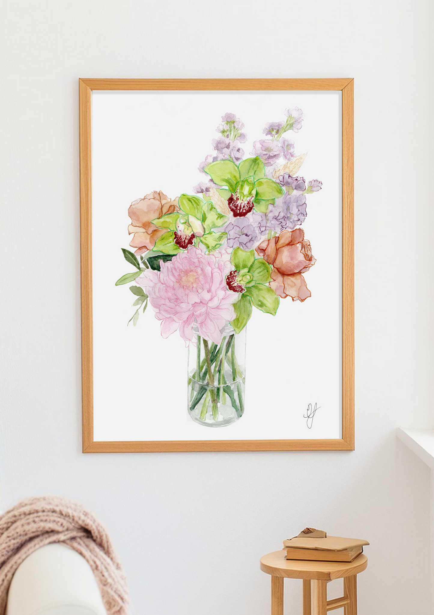 a framed piece of watercolour flower art