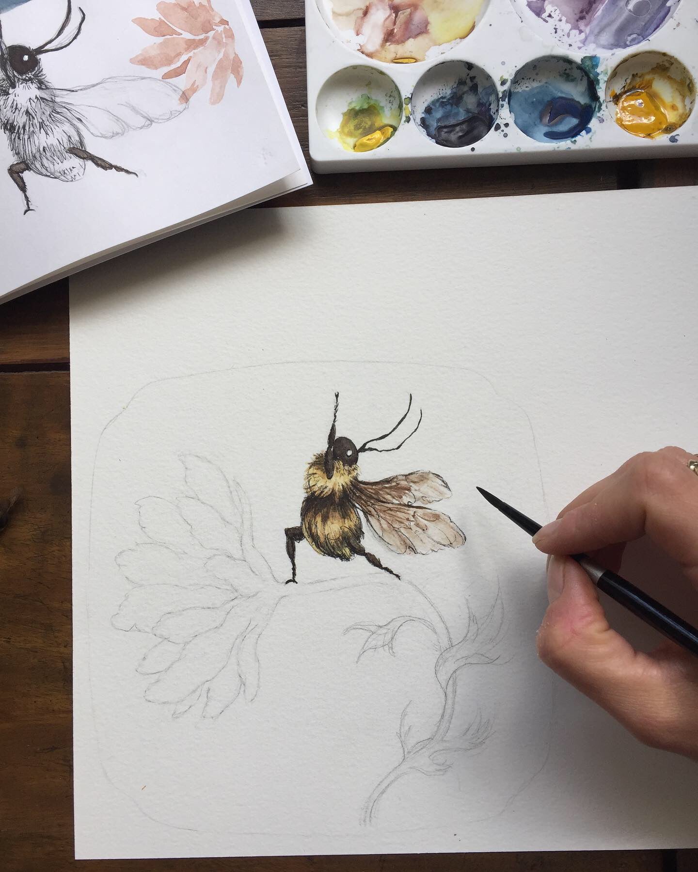 photo showing the process of the artist painting a bee doing yoga on a flower