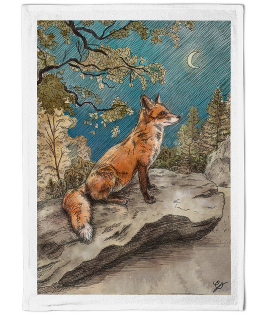A fox at night painting printed on a cotton tea towel 