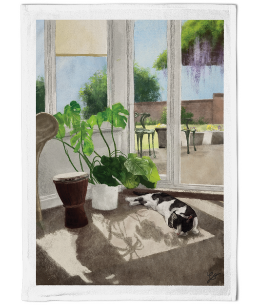 Cat Nap Watercolour Cotton Tea Towel