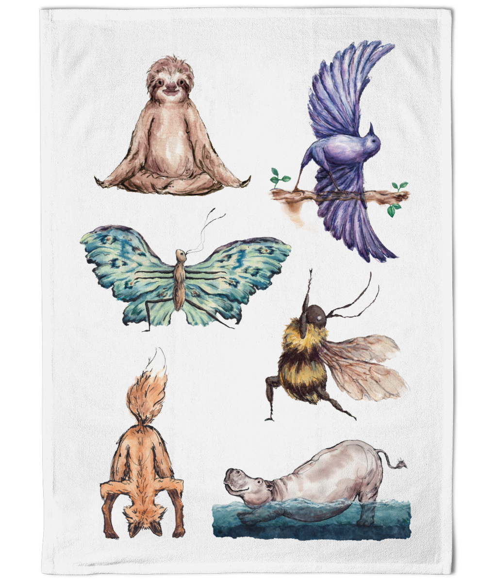 Watercolour Yoga Animals Cotton Tea Towel