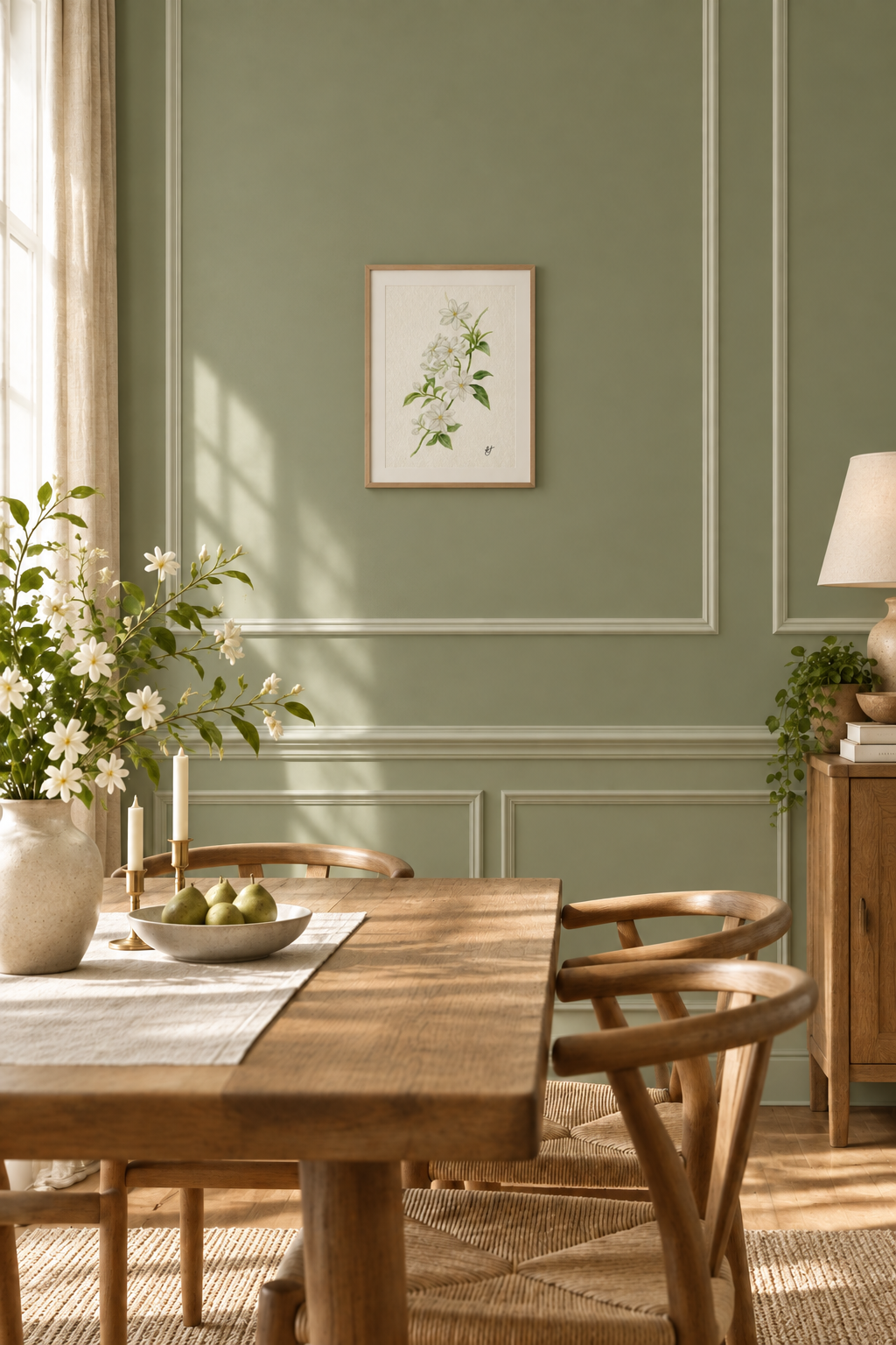 A styled dining room corner with a wooden dining table and chairs, a vase of white flowers, a bowl of pears, and a framed botanical print on a sage green paneled wall.