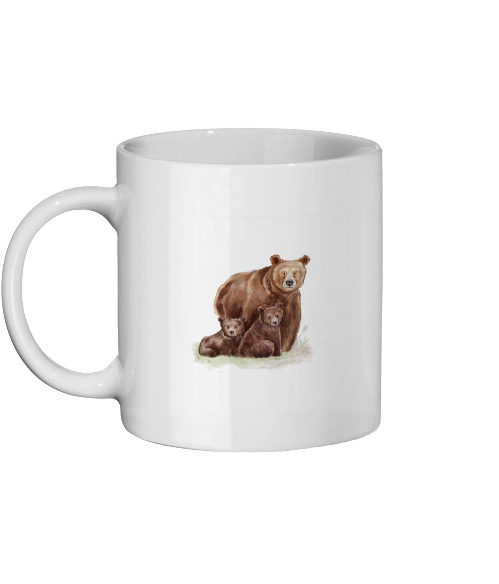a white ceramic mug with watercolour bears on