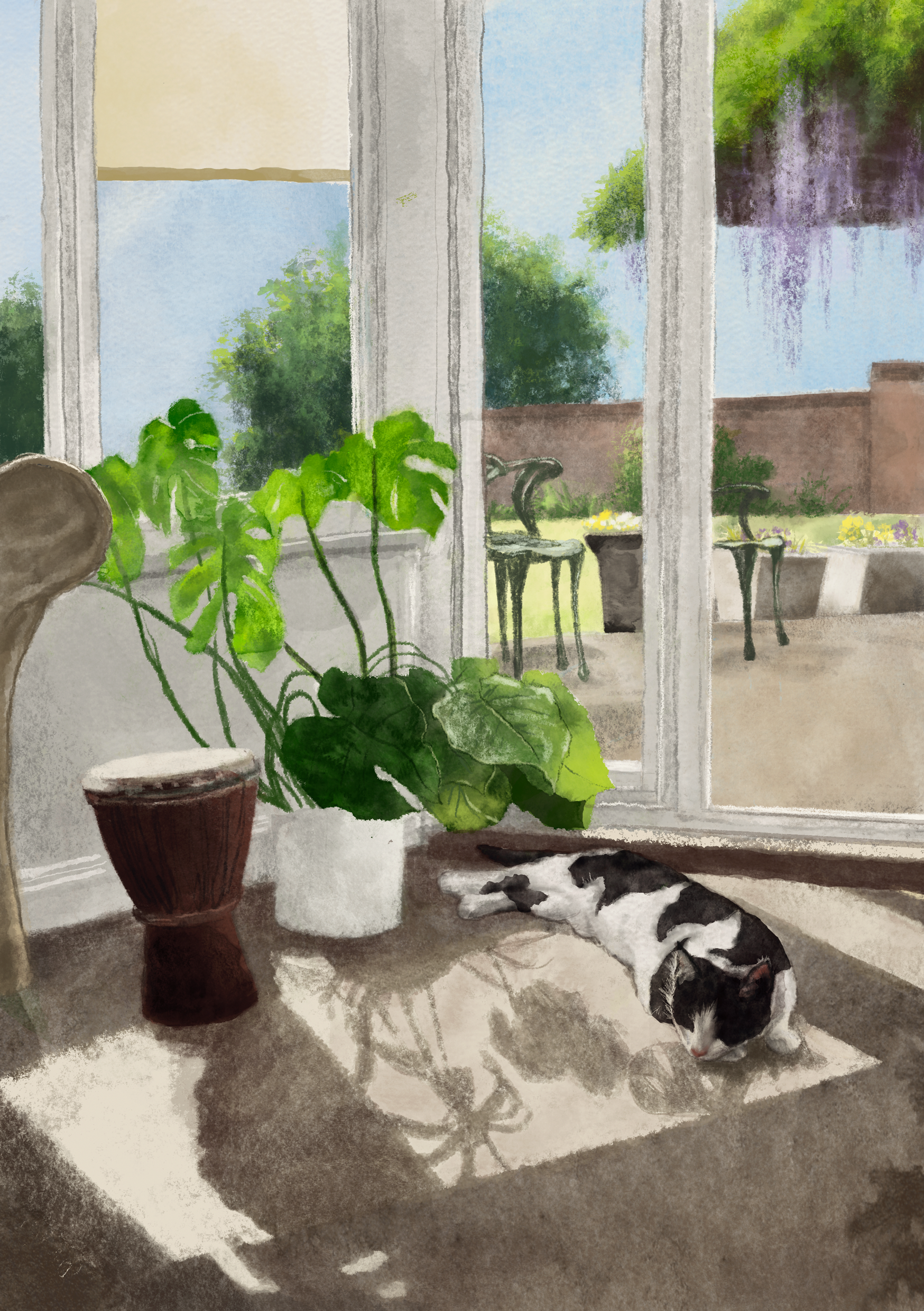 a digital watercolour illustration of a cat taking a nap in a conservatory 