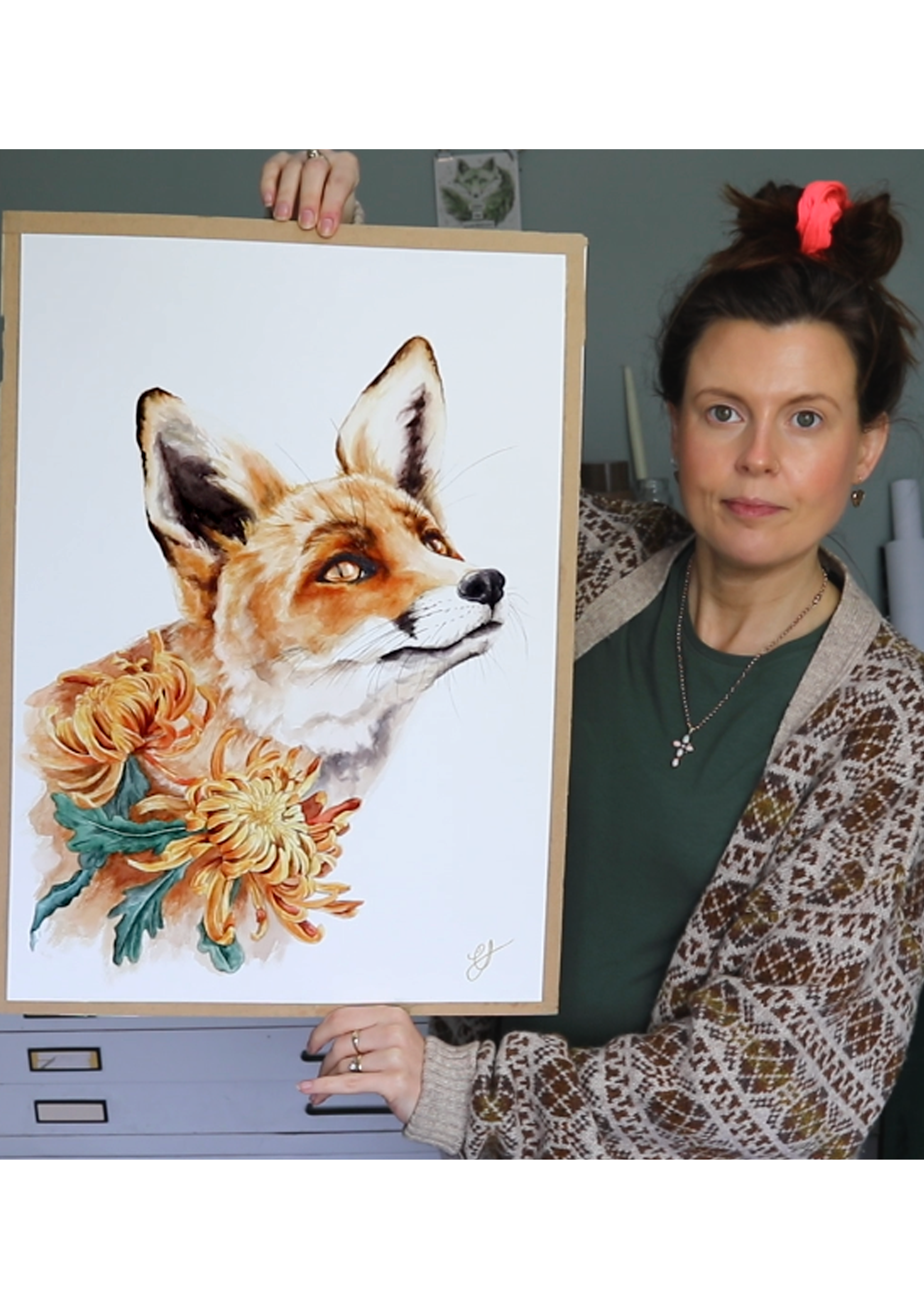 original watercolour fox illustration painting held up by the artist