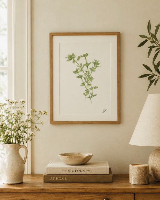 A framed botanical print of my original watercolour illustration of a bunch of Lemon thyme 