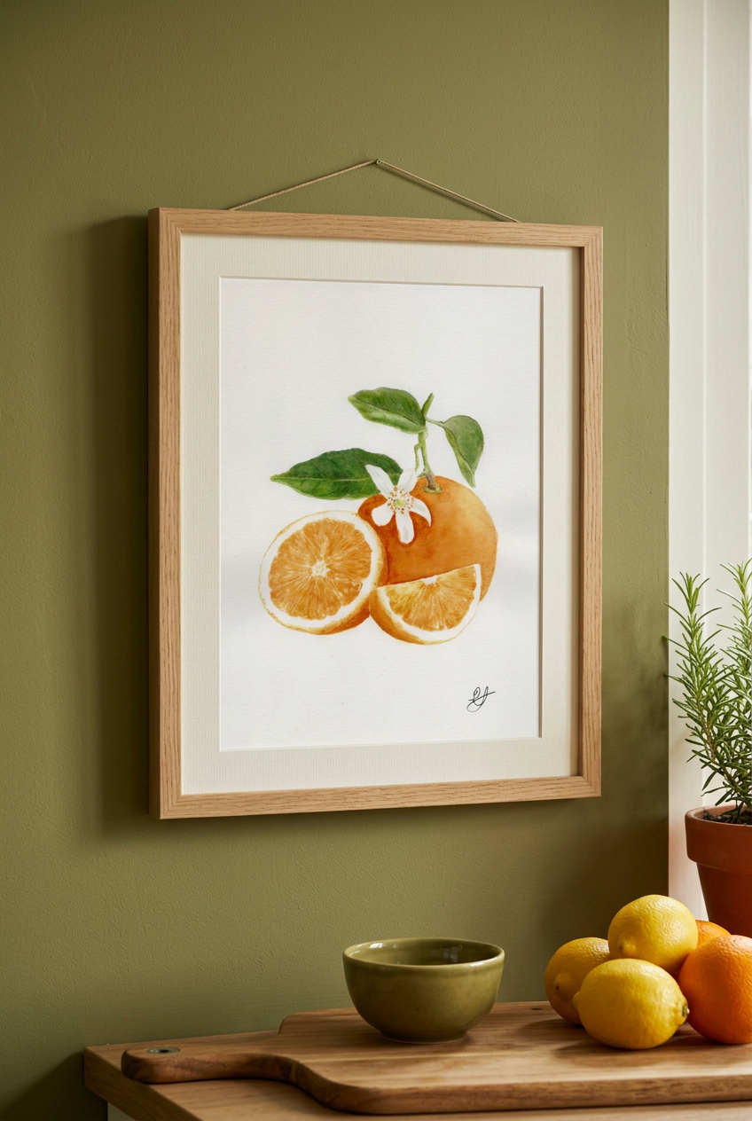 A framed watercolor print of mandarin fruit hanging on a sage green wall above a wooden table with lemons, a small bowl, and a potted plant.