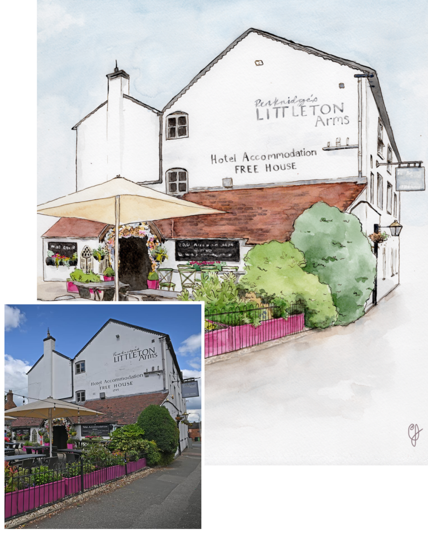 Photo of a pub commissioned to be painted in watercolour, watercolour illustration of the pub is next to the photo 