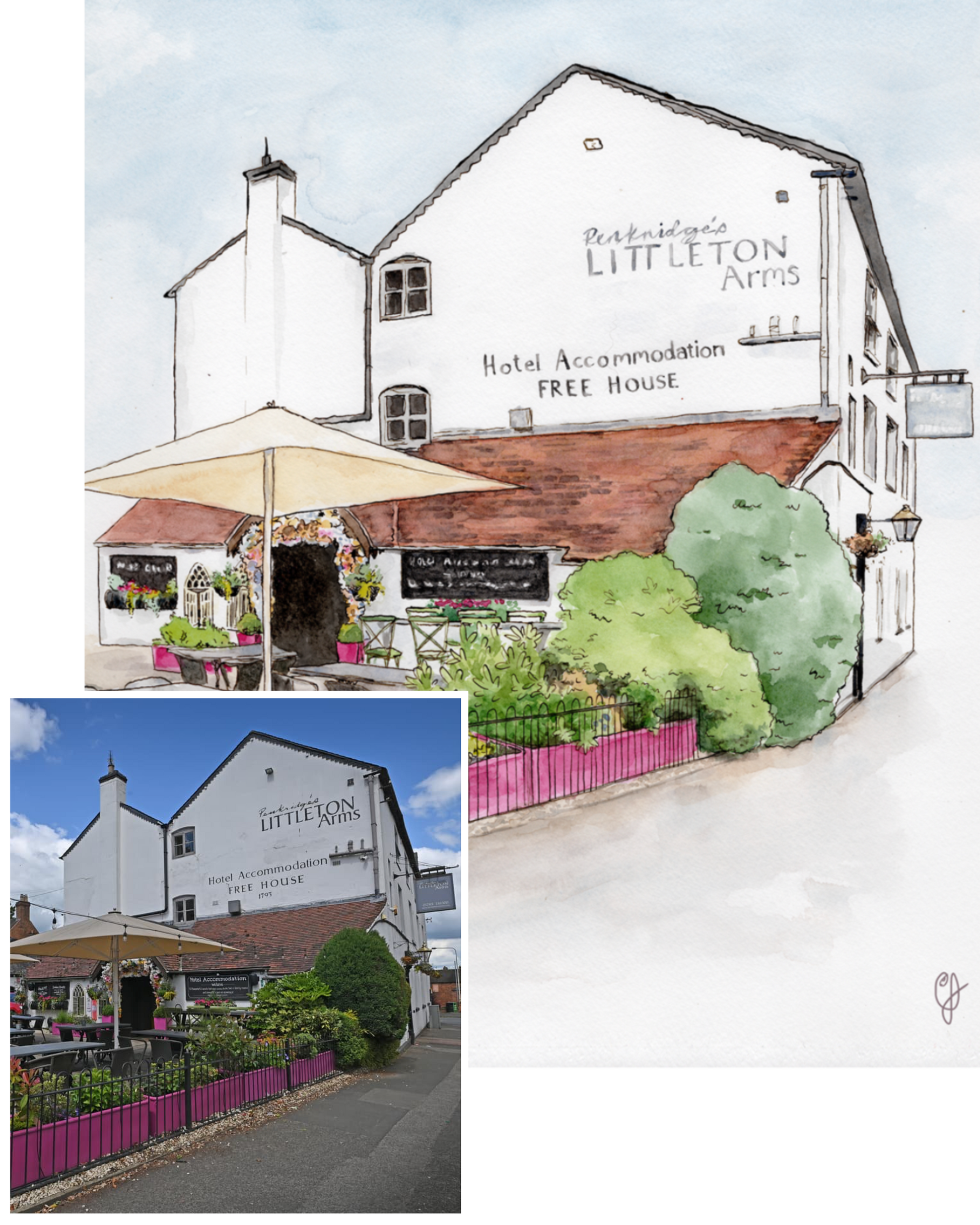Photo of a pub commissioned to be painted in watercolour, watercolour illustration of the pub is next to the photo 