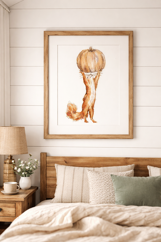 Framed archival print of a watercolour squirrel with pumpkin