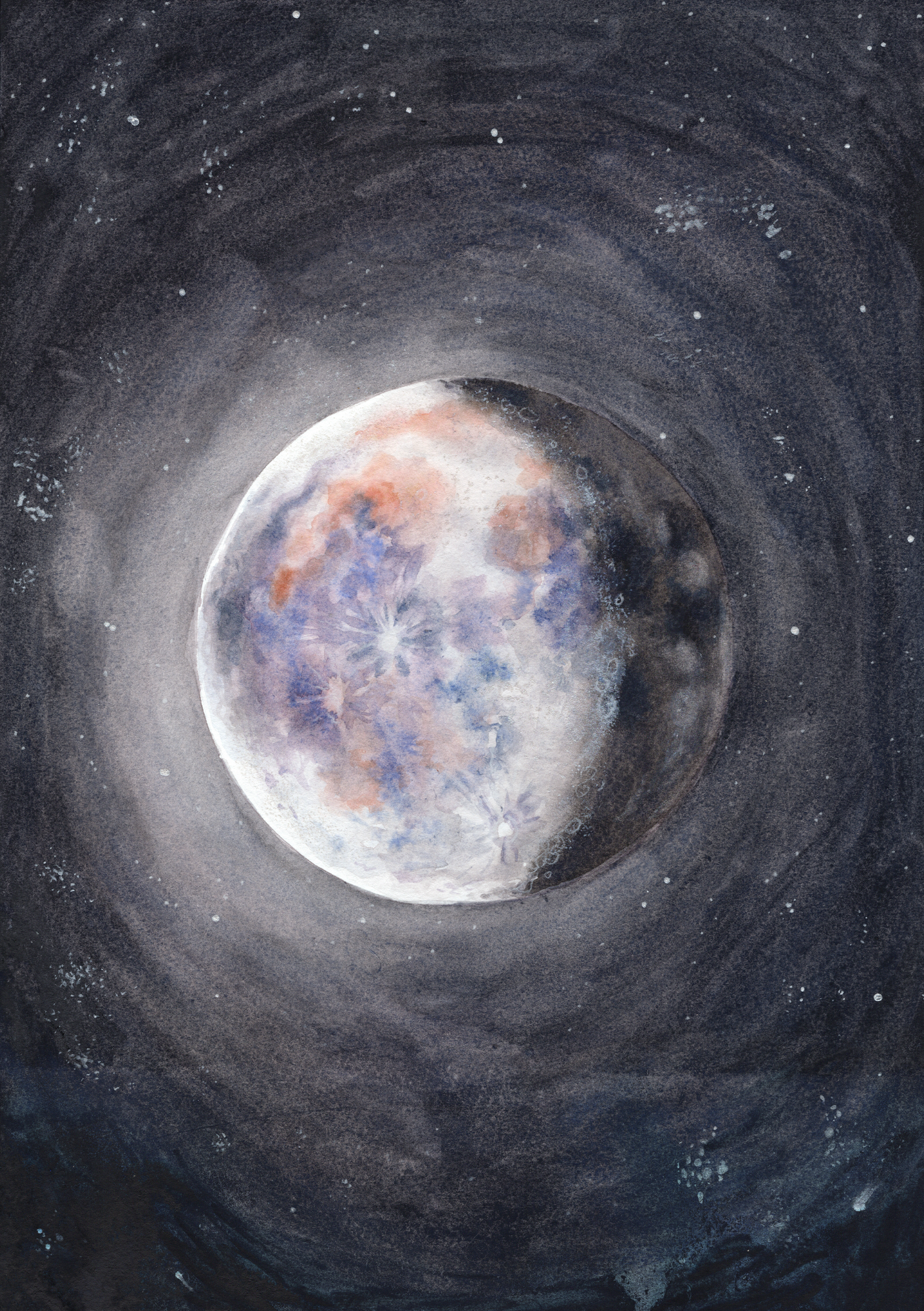 A watercolor painting of the moon at night time