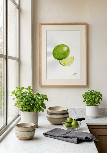 A framed botanical watercolour art print of a green lime and lime slice on a white background.