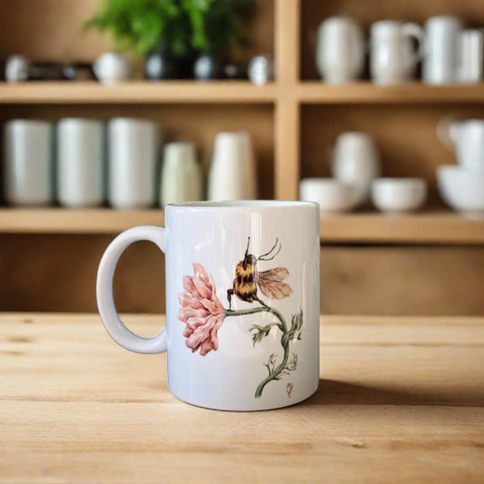 yoga mug on a wooden table with shelves in background