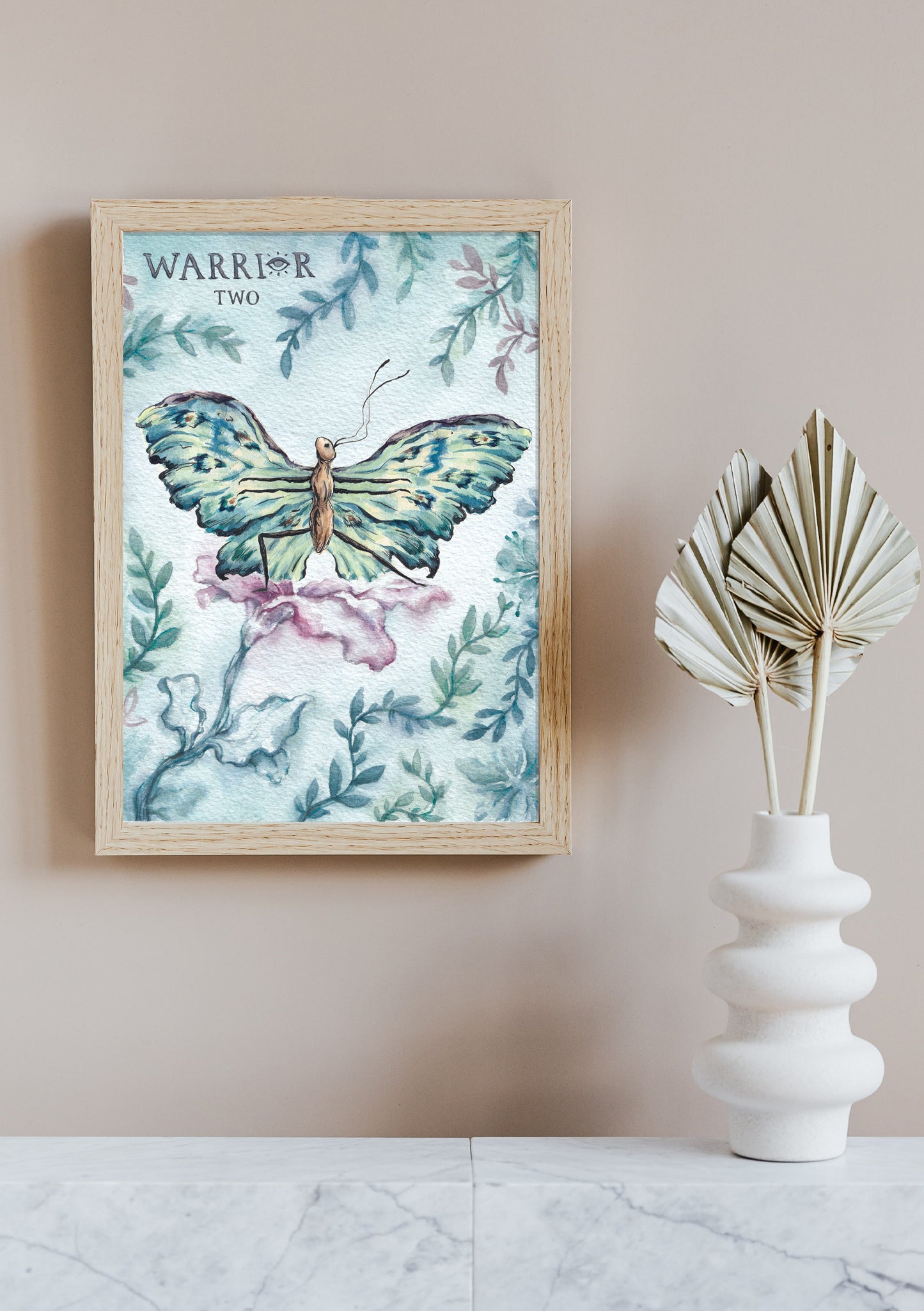 A framed watercolour painting of a butterfly doing yoga 