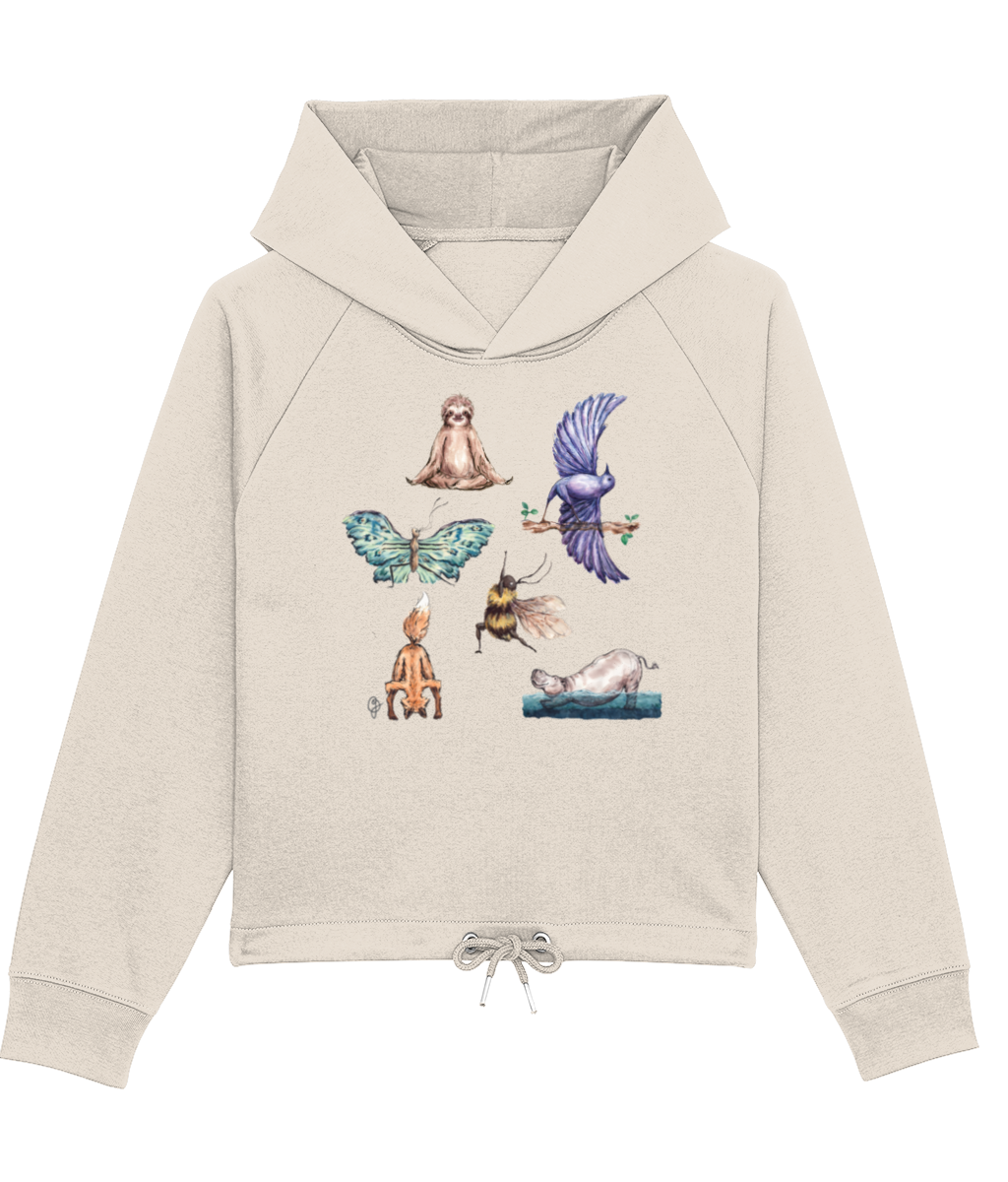 a cream hoodie featuring hand painted yoga animals