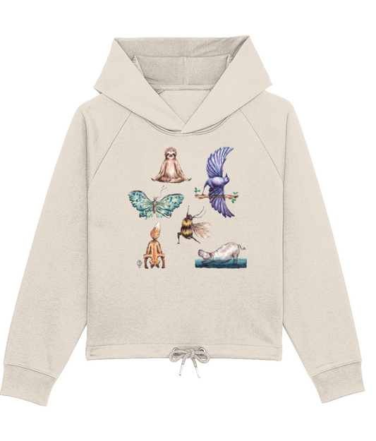 a cream hoodie featuring hand painted yoga animals