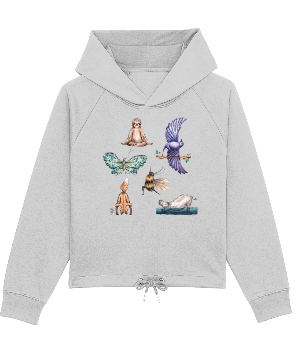 a grey hoodie featuring hand painted watercolour yoga animals
