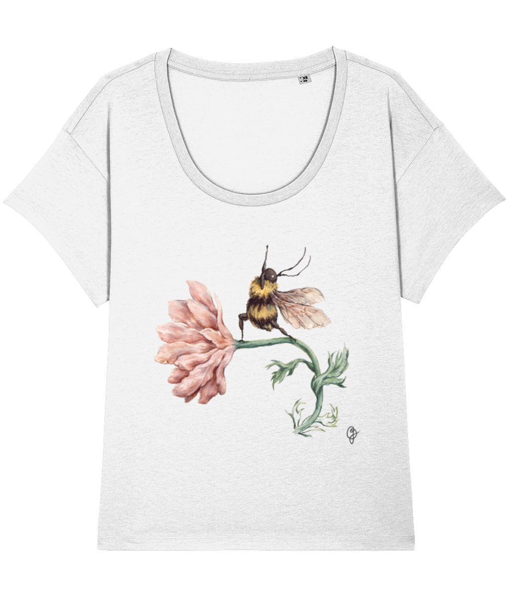 a organic cotton top featuring  a hand painted illustration of a bee doing yoga on a flower
