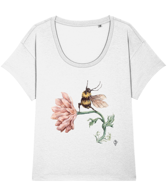 a organic cotton top featuring  a hand painted illustration of a bee doing yoga on a flower