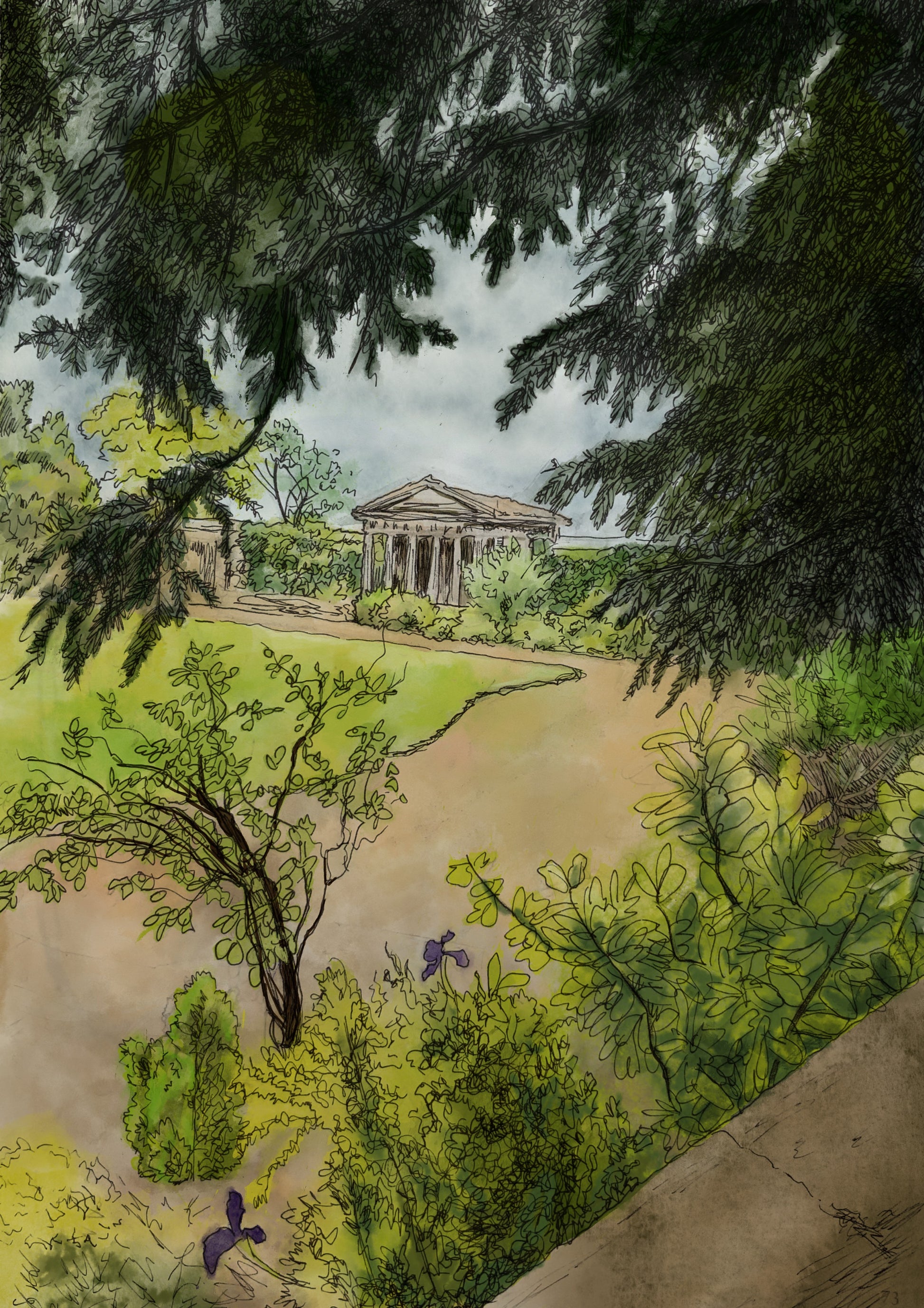A illustration of Bishton Hall created with ink and digital watercolour 