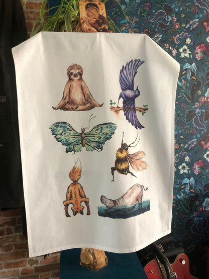 Watercolour Yoga Animals Cotton Tea Towel