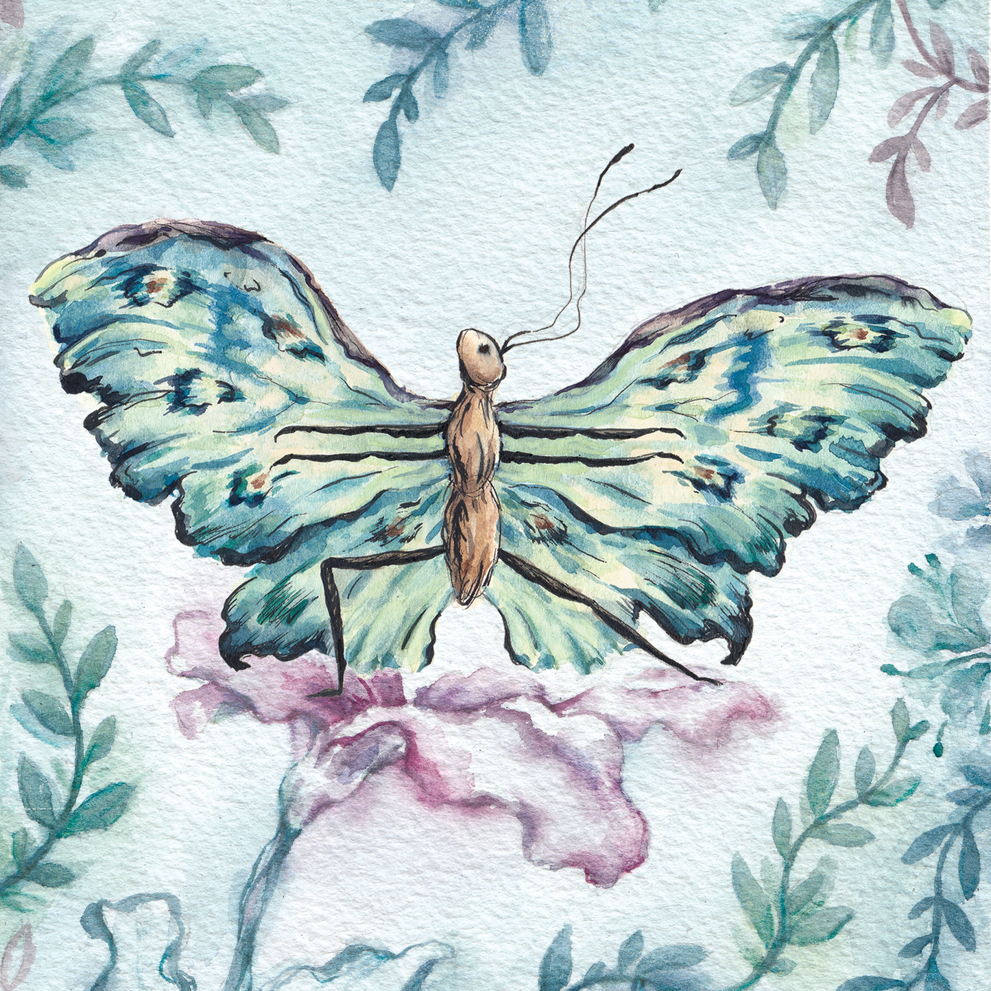 A watercolour painting of a butterfly doing yoga 